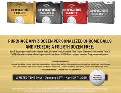 Callaway Chrome Tour golf ball boxes with promotional text on a yellow background